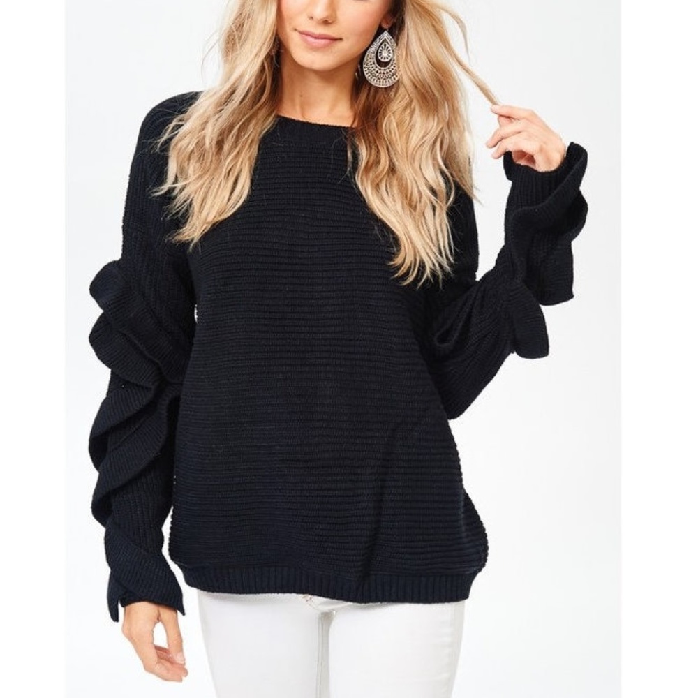 Black Ruffle Sleeve Ribbed Sweater Pullover - Picture 1 of 7